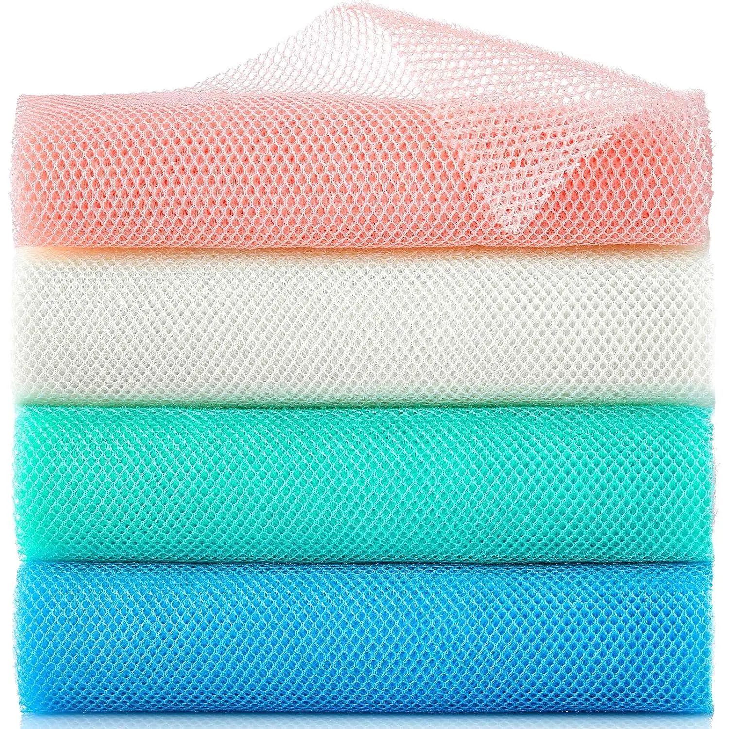 4 count   Net, Long  Net Sponge, Nylon  Net Cloth,  Washcloth,  Scrubbers for Use in Shower,    Smoothers for Bath (Multicolor 4)