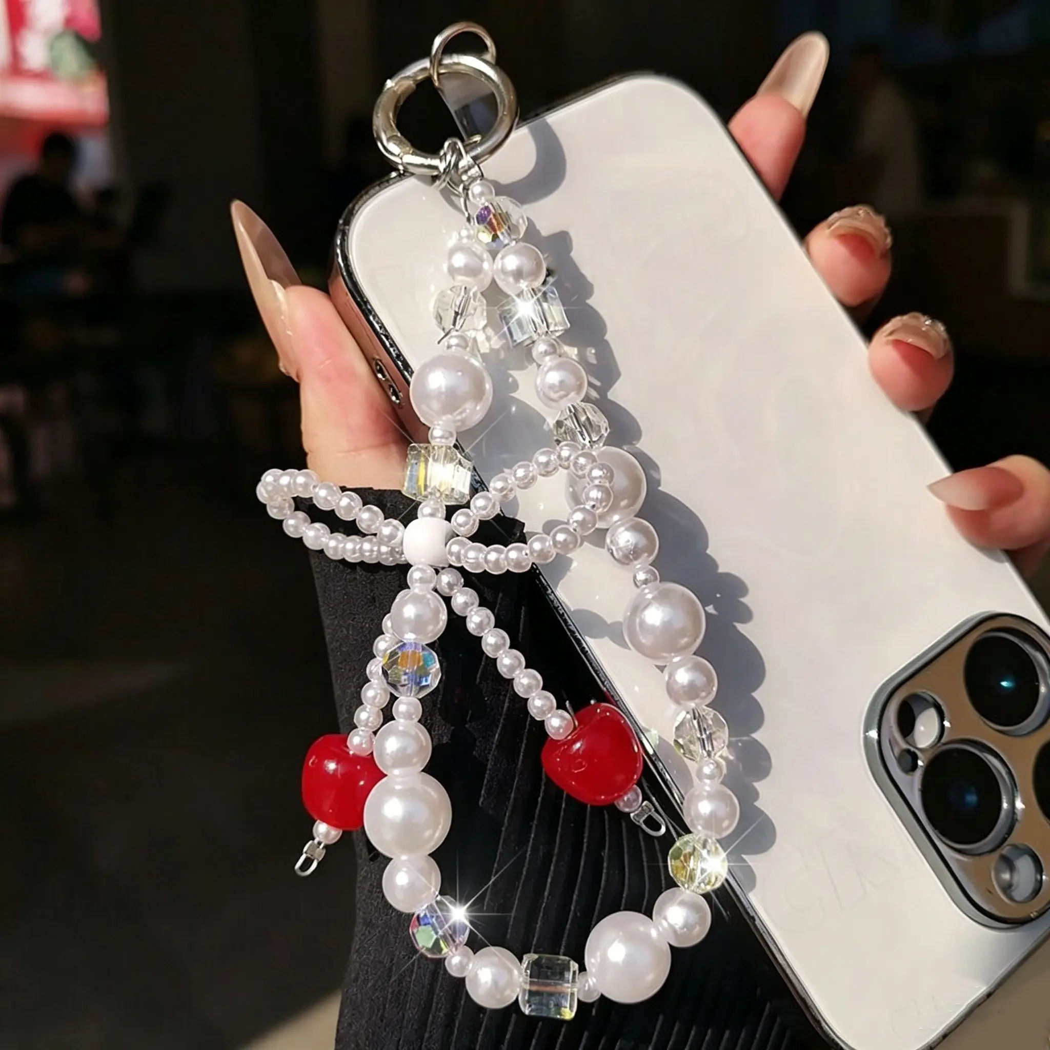 Fashionable Phone Charm for Women and Girls, Cherry Keychain, Bag Accessory, Beaded Phone Strap, Ccd Camera Decor, Stylish Mobile Accessories
