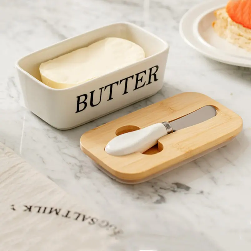 Ceramic Butter Box Set with Wooden Lid, Pure Ceramic Sushi Dish with Cover, Square Cheese Box, Food Grade Multi-Use Serving Tray