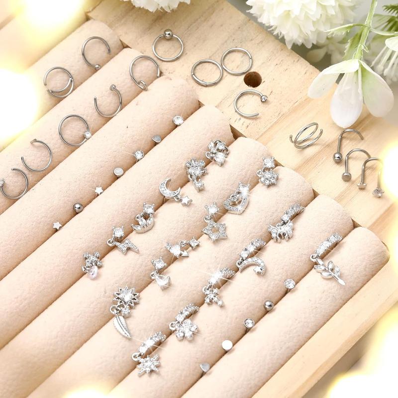 48 Pcs Dangle Nose Rings for Women Nose Piercings Jewelry Studs Hoops with Charm Stainless Steel Indian Nostril Rings for Women