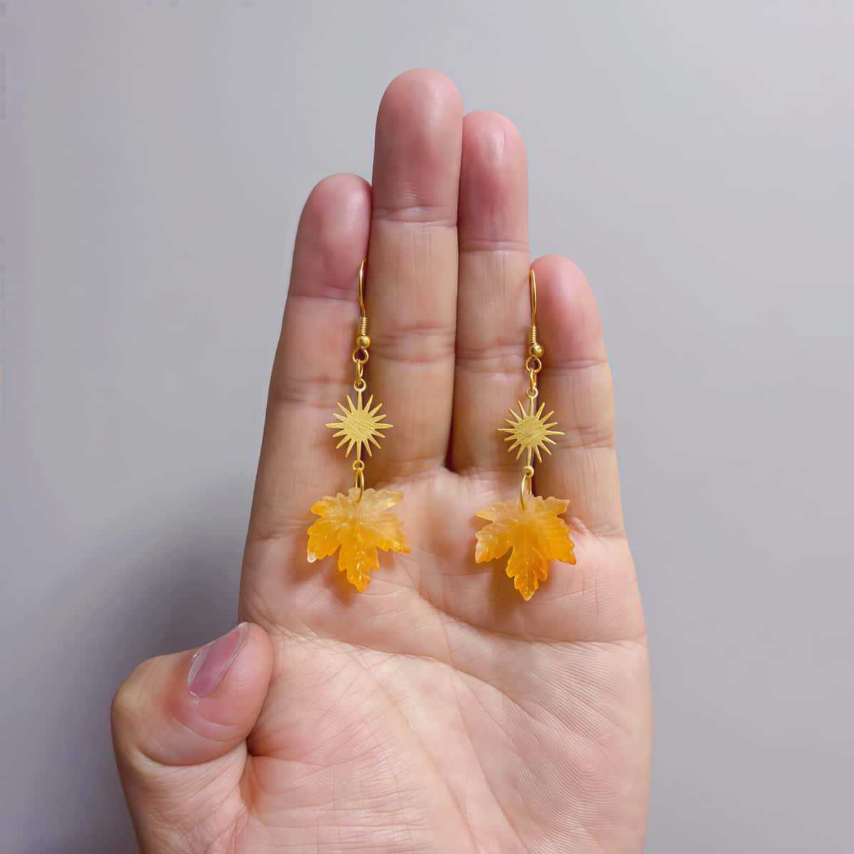 Maple Leaf Earrings Burnt Orange Glass Autumn Leaf Sun Pendant Earrings Stainless Steel Bohemian