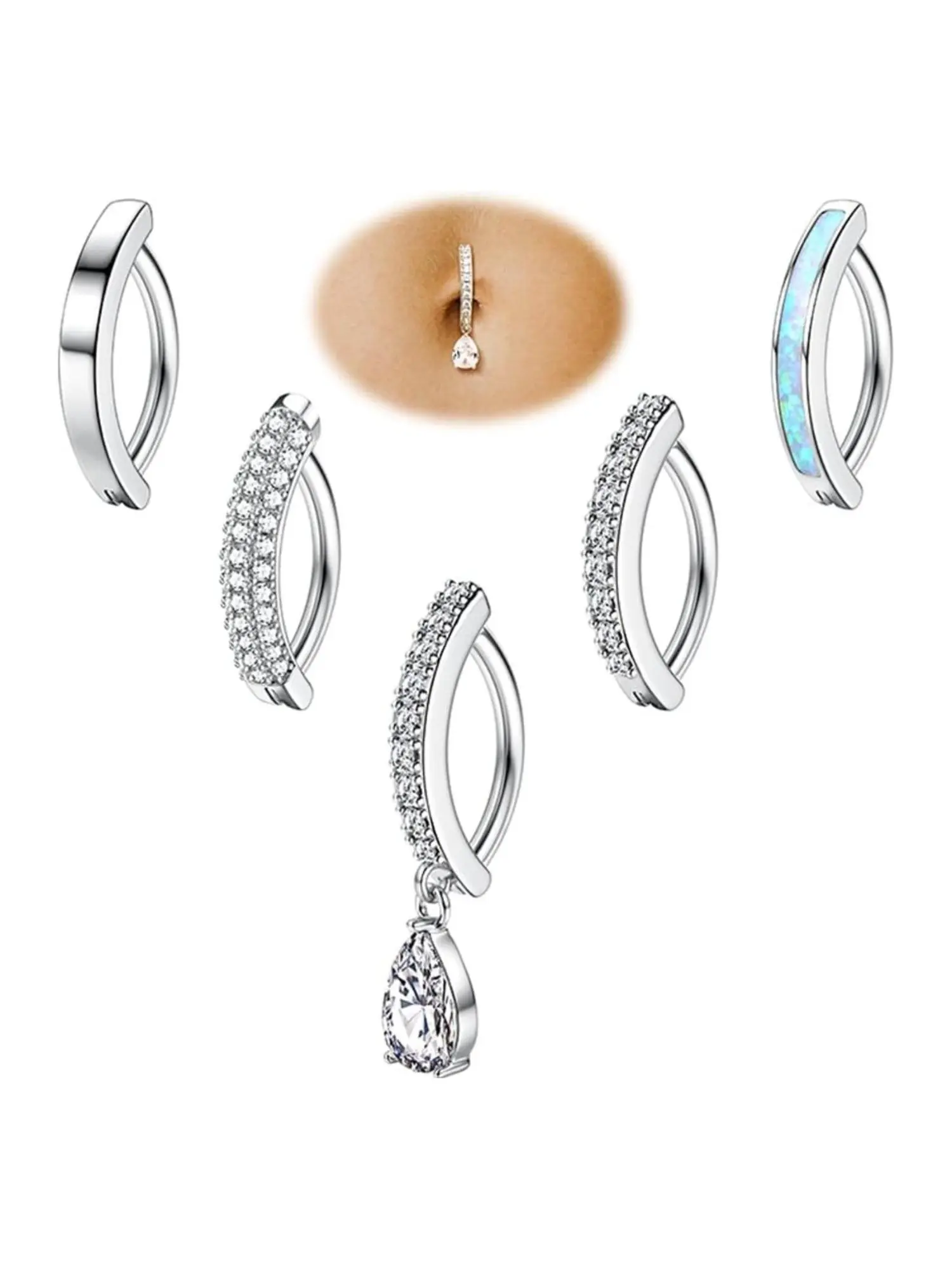 5 Pcs Silvery Belly Button Rings for Women 14G Short Opal Navel Rings Clicker Belly Piercing Pack Simple Dangle Cute CZ Belly Small Hypoallergenic Belly Button Ring Reverse Piercings Jewelry