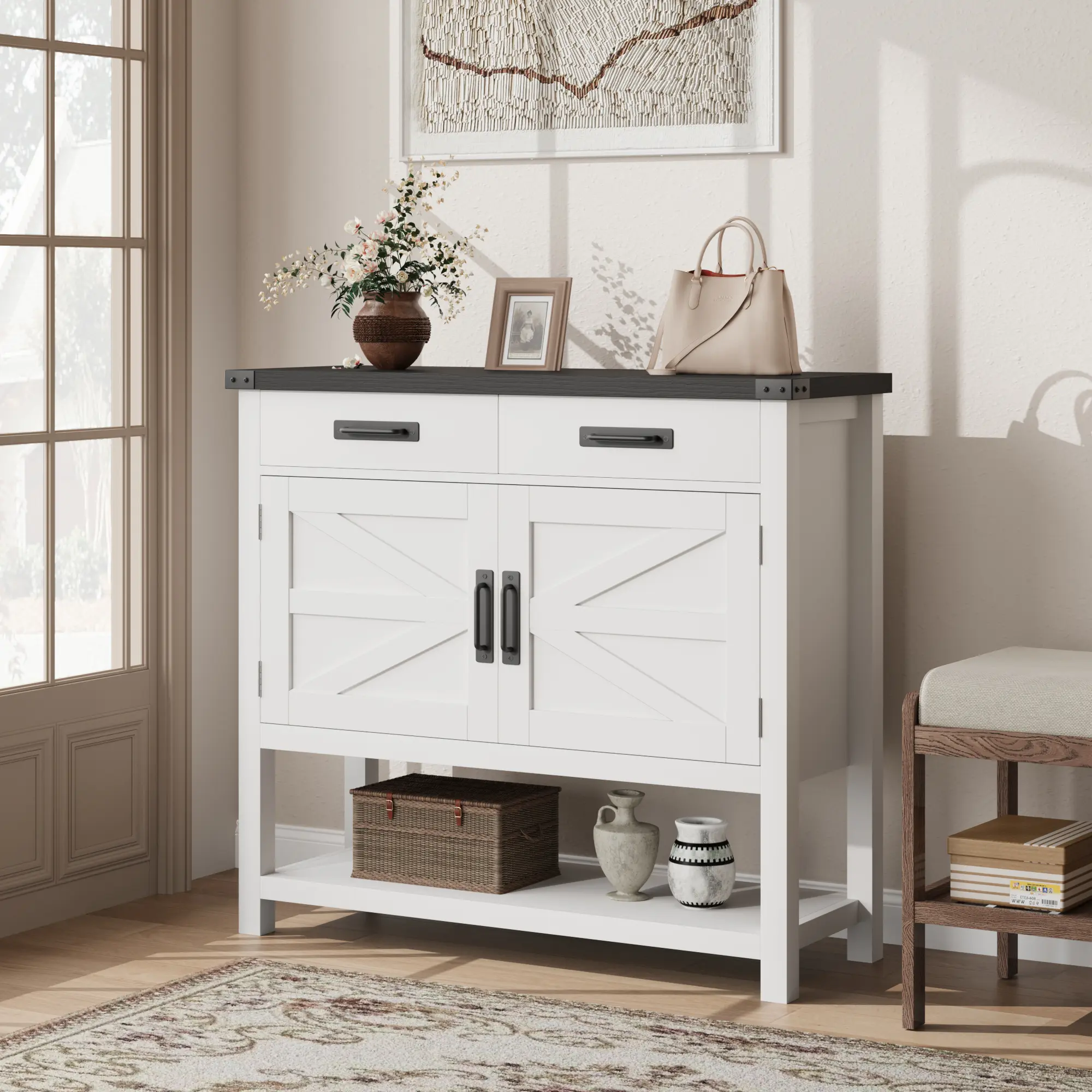 36 Inch Farmhouse Console Table, Wooden Sideboard with 2 Drawers, 2-Door Cabinet & Open Storage Shelf, Multi-Purpose Accent Furniture for Entryway, Hallway, Kitchen, Dining & Living Room