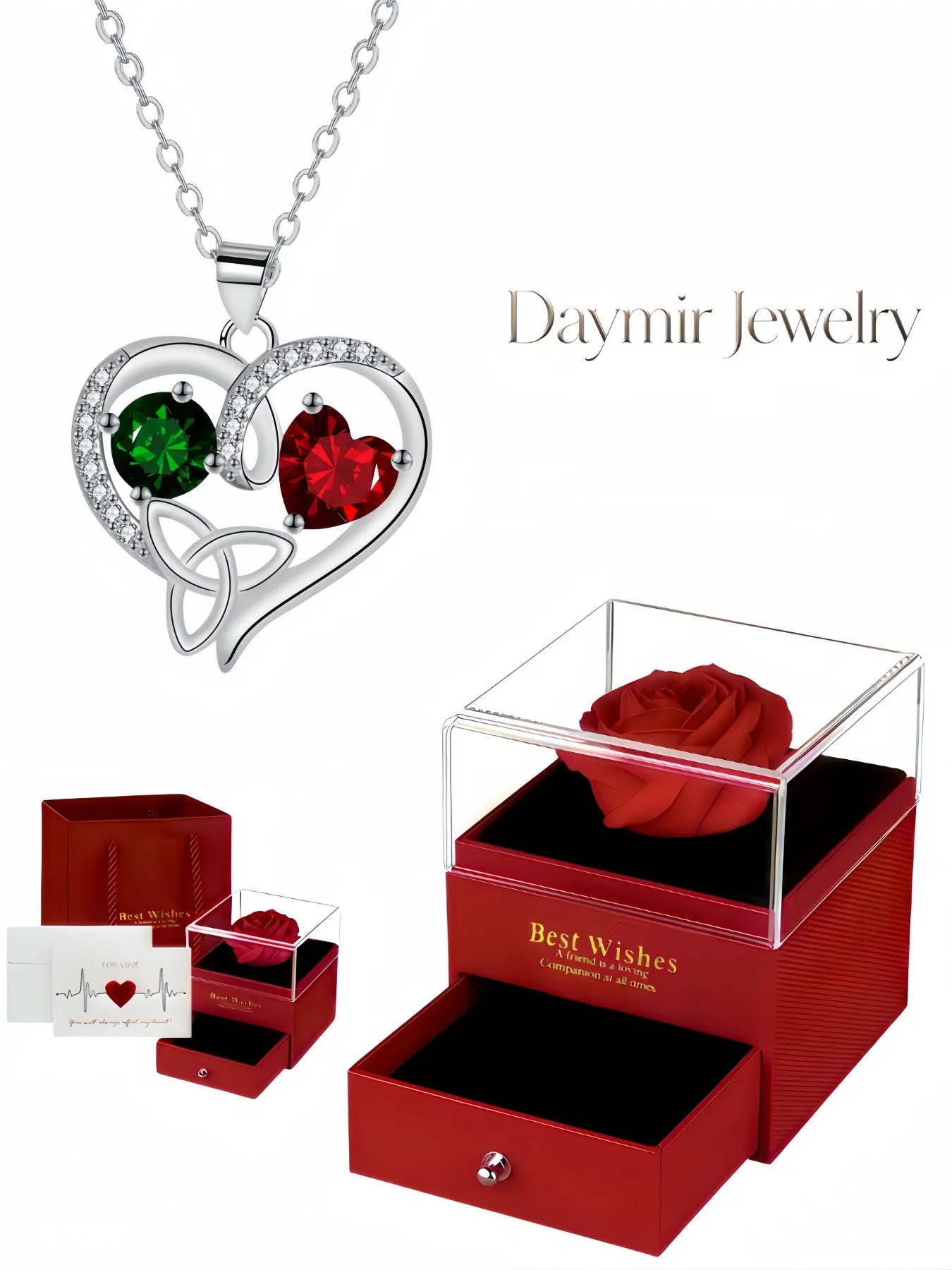 "Scarlet Green Celtic Heart", elegant romantic Celtic heart gem necklace with everlasting rose gift box, perfect holiday gifts for birthdays, Mother’s Day, Valentine’s Day and Christmas.