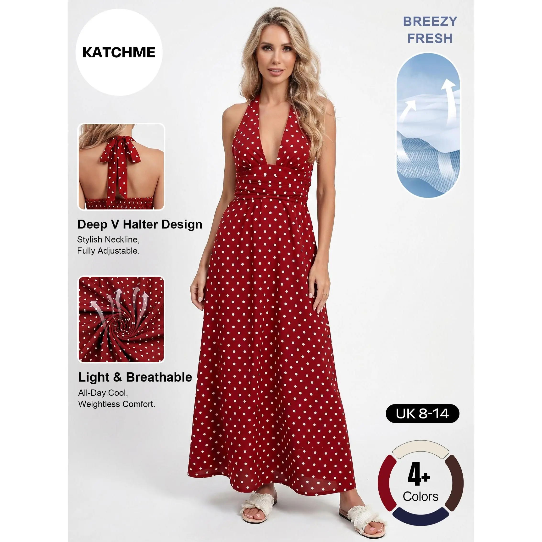 Katch Me Women's Vibrant Polka Dot Deep V Neckline Adjustable Halter Dress, Summer Skin-Friendly Cinched Waist Maxi Dress, Breathable Non-Shrinking Beach Vacation Outfit