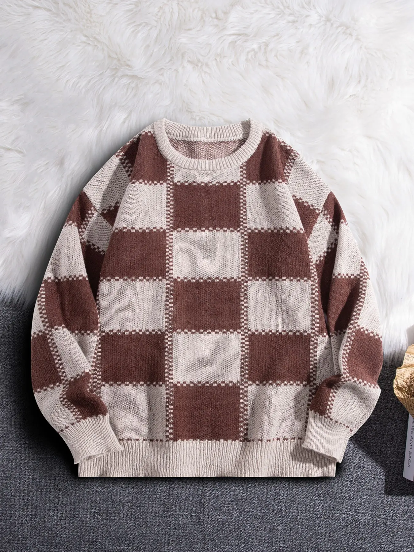 Men's Fall Commute Plaid Jacquard Pattern Daily Wear Sweater, Unisex Round Neck Soft Fitted Pullover, High-Quality Animal Print