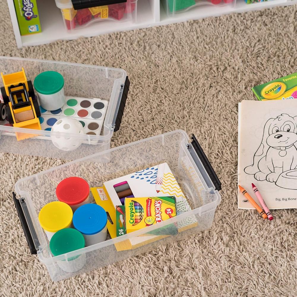 6 Quart Stackable Plastic Storage Bins with Lids, 3 Pack-BPA-Free, Made in USA-See-Through Organizing Solution, Latches, Durable Nestable Containers, Secure Pull Handle-Clear/Black