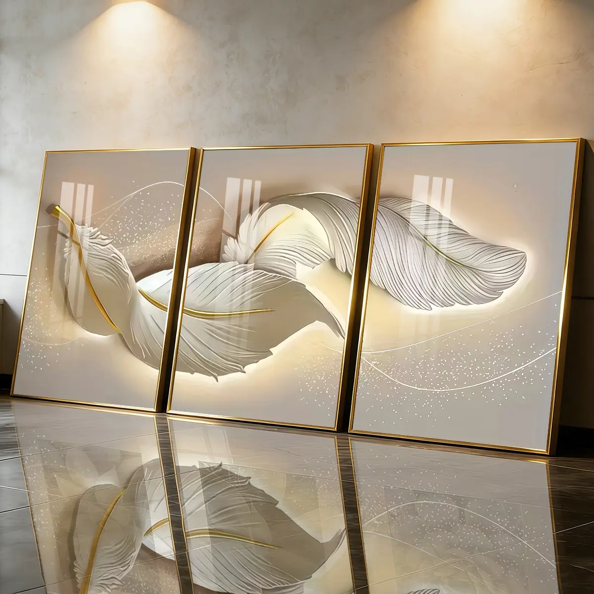3 Count Aluminum Alloy Frame Canvas, Fashion Poster, Framed Wall Art, Golden Feather Art, Modern Living Room Decoration, Light Luxury Family Art, Suitable For Bedroom, Corridor And Office Wall Decor, Decoration Items, Gift