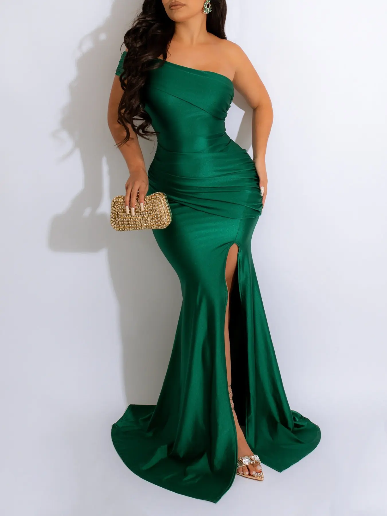 Women's Fashion Sexy Maxi Dress, Plain Color Evening Gown, One-Shoulder Split Ruched, Elegant Party Dress, All Seasons Slim-Fit