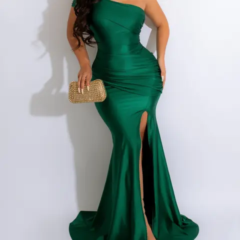 Women's Fashion Sexy Maxi Dress, Plain Color Evening Gown, Formal, One-Shoulder Split Ruched, Elegant Party Dress, All Seasons Slim-Fit