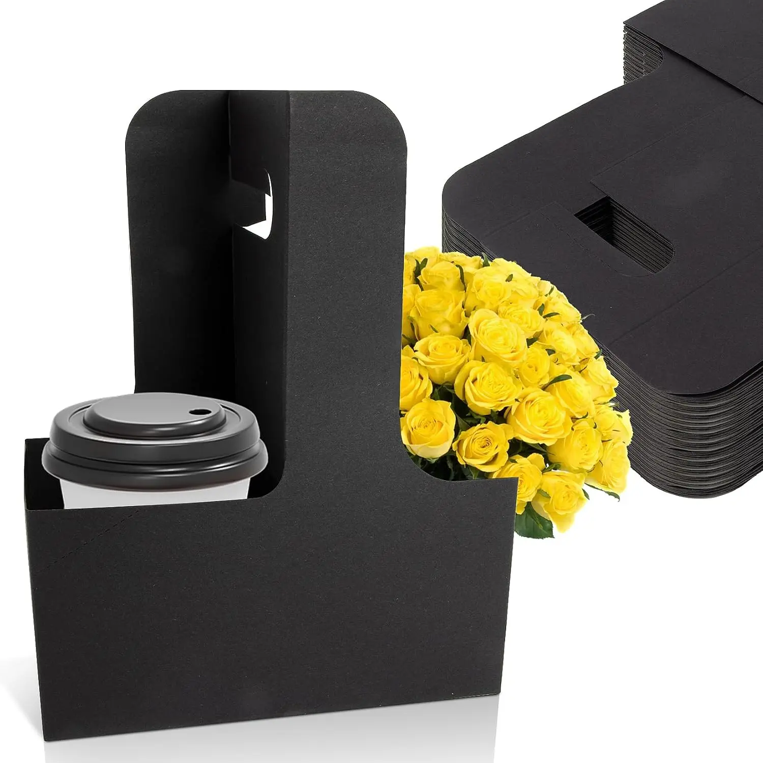2 Cup Drink Carrier with Handle - Disposable Cardboard Cup Holder | 12 Drink , Coffee Cup Carriers for Hot/Cold Drink, Black Teacher Appreciation Drink Carrier,  Delivery Accessories