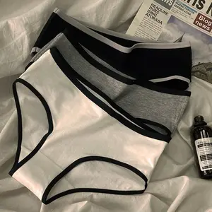 Women's 3pcs Contrast Trim Mid-Waist Cotton Panties - Soft, Breathable, Stretchy Underwear Set, Black White Gray Minimalist Daily Wear for All-Season Comfort