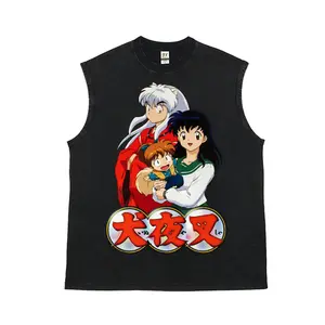 Unisex Three-Character Group: Silver-Haired Inuyasha, Kagome and Shippo from the Anime Graphic Washed Vest Personalized Pattern Y2k Clothing Round Neck Washed Vest,Women's Clothing 100% Cotton, Menswear, Top, Vintage Style,Summer Casual Oversized