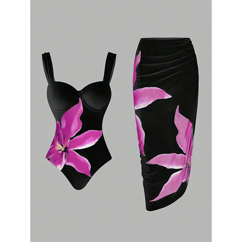 Women's 1-Piece Black-Fuchsia Floral Print Swimwear with Matching Sarong Cover-Up, Resort Vacation Sports & Outdoor Swim Set for Confident Women