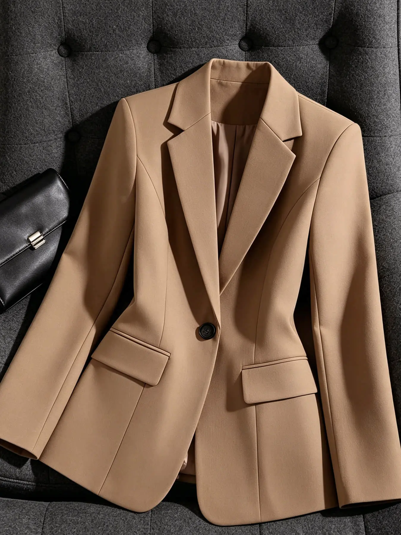 A women's minimalist, Elegant commuting style camel colored long sleeve suit jacket with a button closure, slim fitting and versatile, with a professional and high-end feel. Suitable for spring and autumn, interviews, parties, dates, and anniversaries
