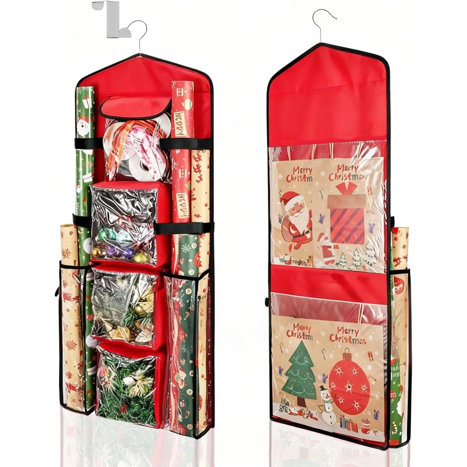 Hanging Wrapping Paper Storage Organizer Double-Sided Gift Wrap Holder 360° Rotating Storage for Craft Accessories Gift Wrap Supplies Ribbon Stationery (Red)