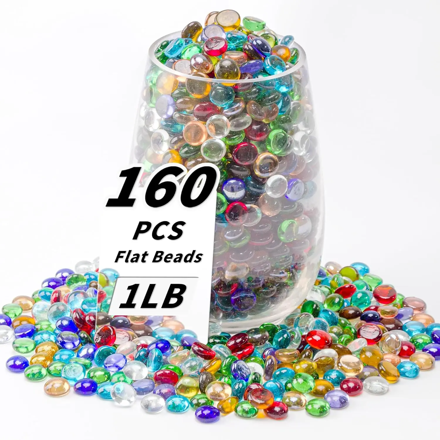 1 LB Mixed Color Flat Glass Beads 160-180PCS Small Glass Marbles Mini Flat Round Pebbles for Vase Filler Floral Fish Tank Decorative Gemstones for Home and Aquarium Décor