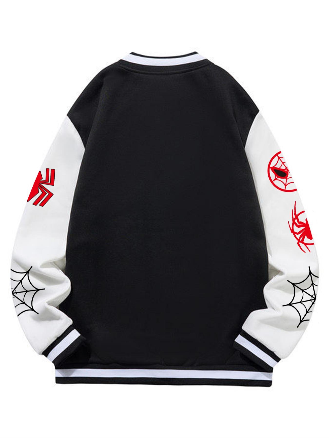 Spider-Man Street Style Baseball Jersey Jackets, Patchwork Sleeves, Full Spider Logo, Fitted Design, Fall & Winter Fashion