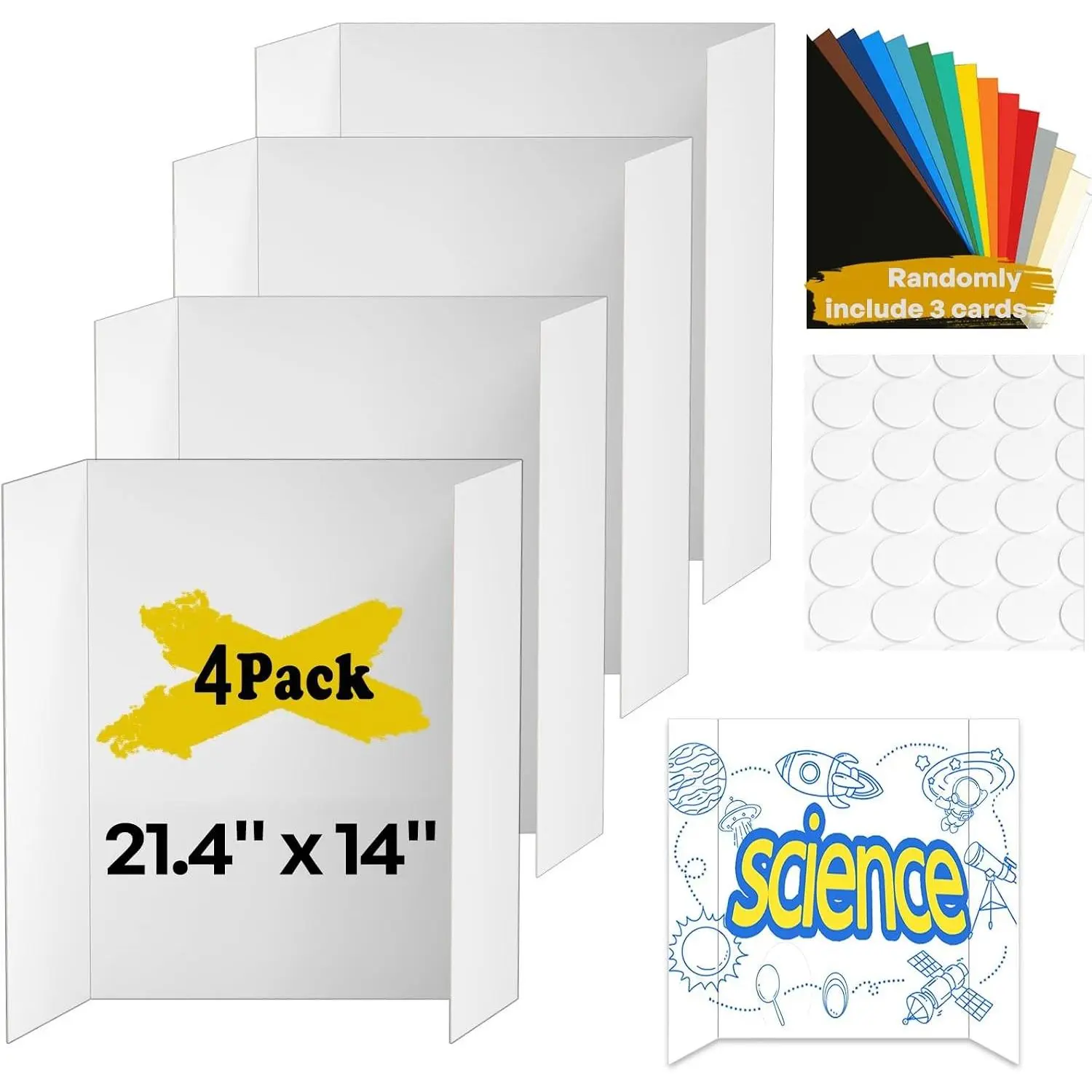 4 Pcs Trifold Poster Board, Small 21.4 x 14 in, White Poster Boards | Cardboard Corrugated Boards, Contains Glue Dots and Colored Cardstock for School Projects, Science Fairs, Advertising Signs