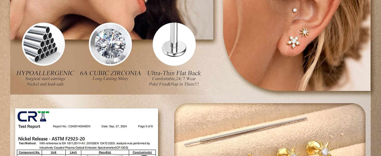 Sanfenly 9Pairs Threadless Flat Back Earrings Studs 316L Surgical Steel Push in Nose Studs Rings CZ Tragus Cartilage Helix Conch Labret Lip Nostril Medusa Piercing Jewelry Hypoallergenic 20G 18G 16G