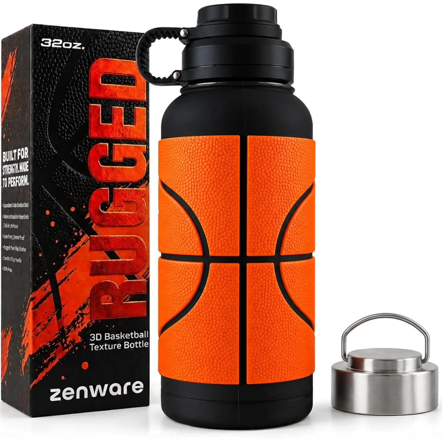 Basketball Water Bottle 32 oz| 3D Basketball Real-Feel Grip| Drop & Scratch Silicone Protection| Insulated Stainless Steel| Tea Infuser| Cold 24H · Hot 12H| Gift for Players & Fans