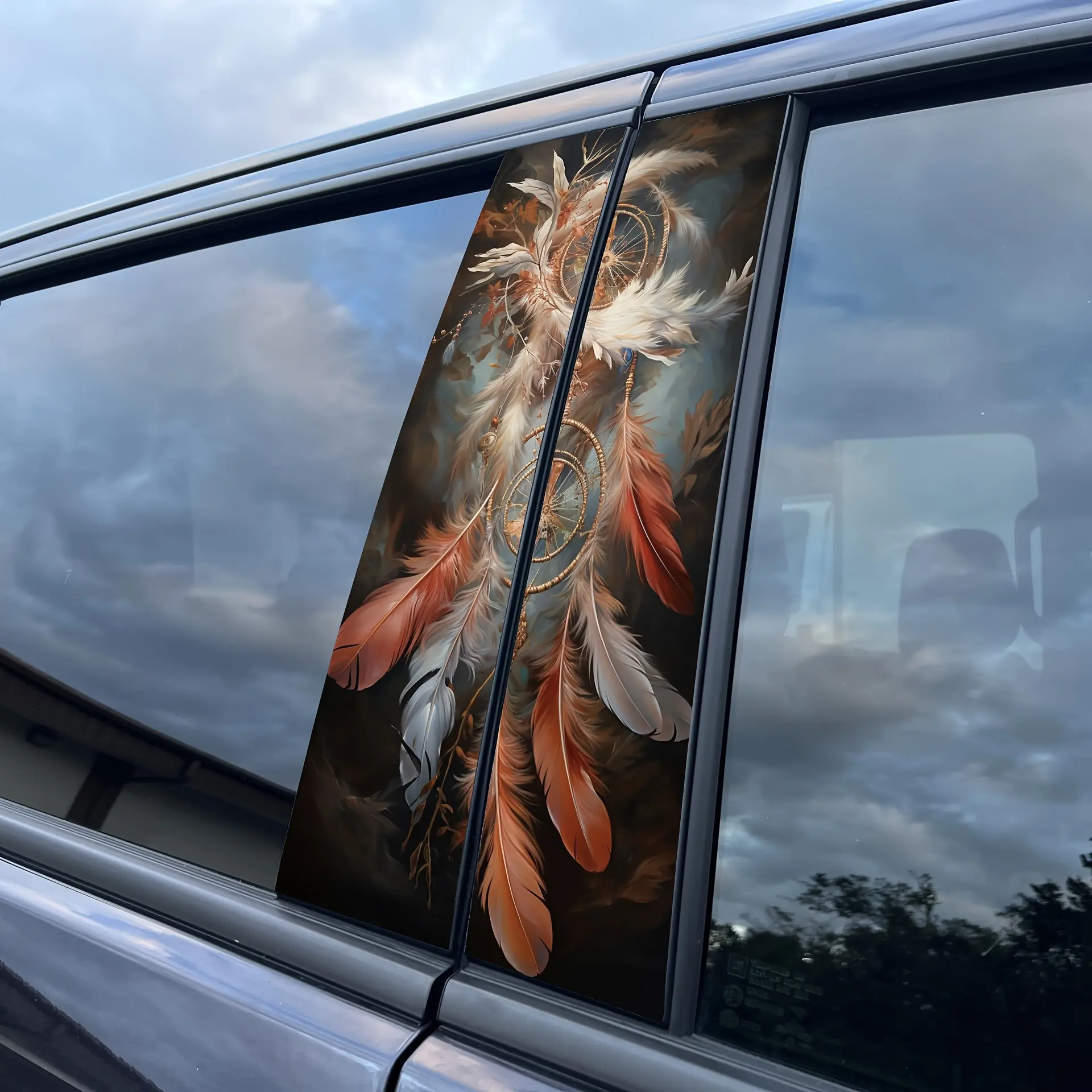 Car Decals 2Pcs Boho Dream Catcher Feather Stickers, Waterproof PVC B-Pillar Protection Wraps with White Crane Design, Glossy Vinyl Auto Styling Decor for Car Customization