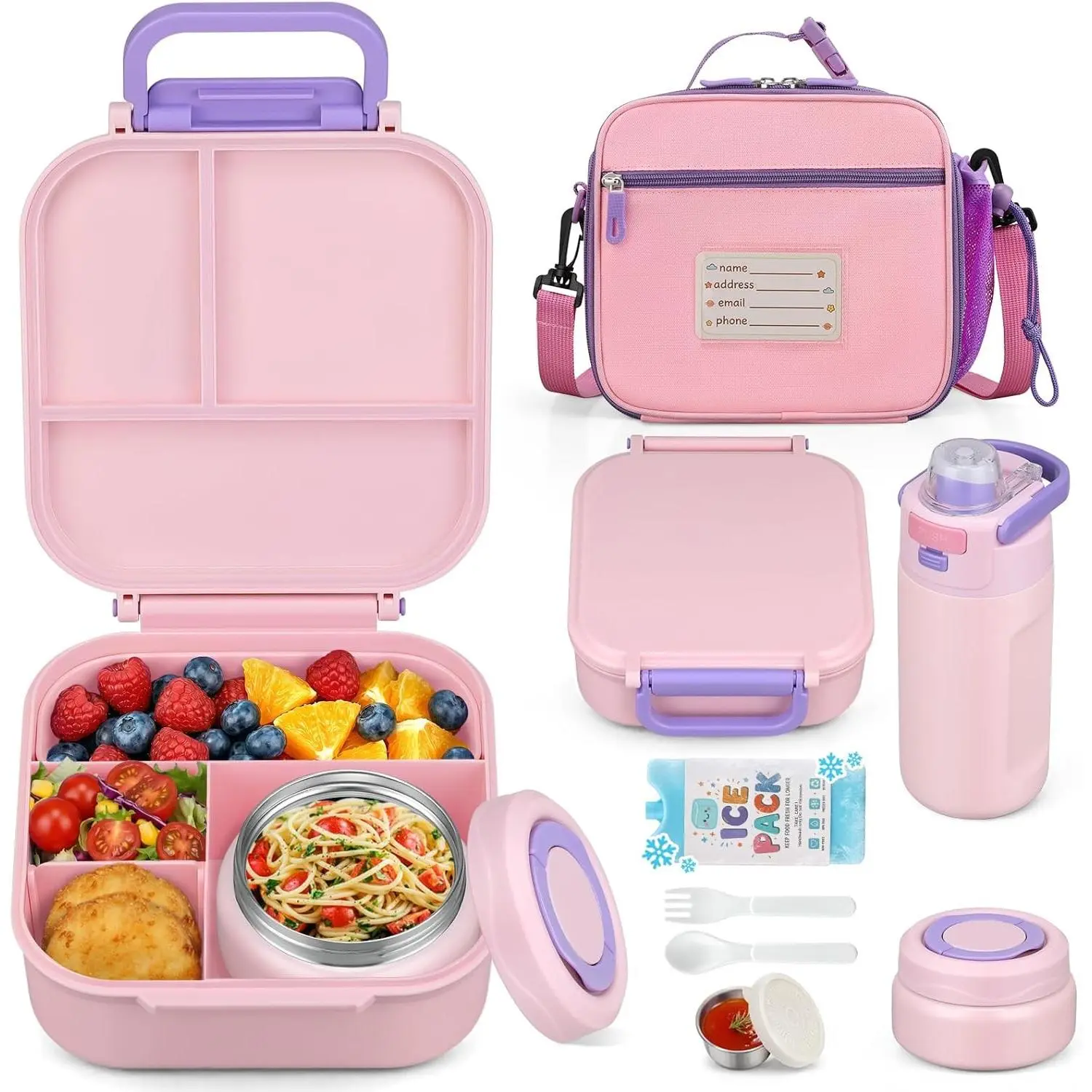 Bento Box for Kids Set, Insulated Food Container,Kids Lunch Box, 7 oz Thermos for Hot Food, 12 oz Thermos Water Bottle, Reusable Insulated Ice Bag & Fork Spoon Utensils Camping Travel PinkGift