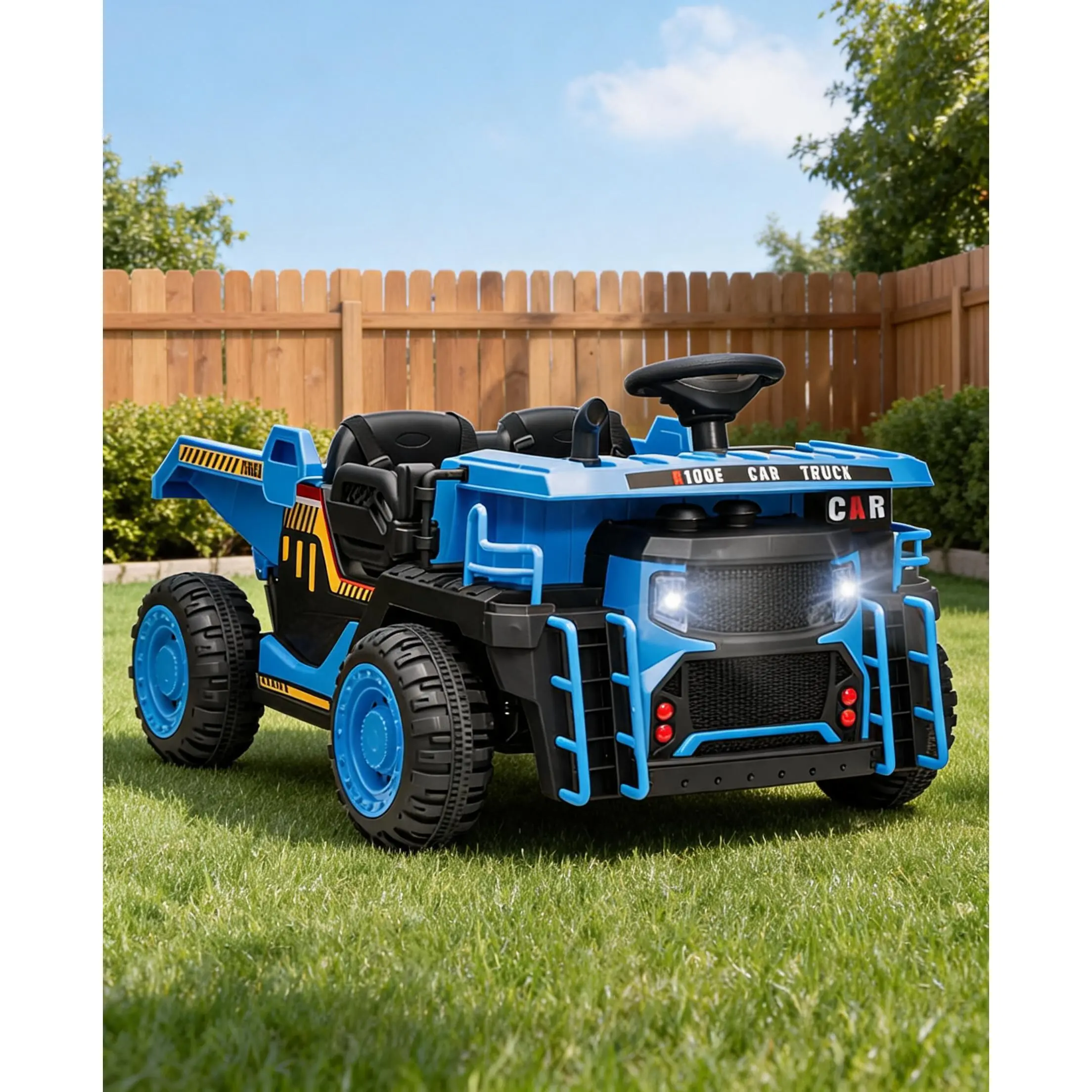 Garvee 24V 2-Seater Kids Ride-On Dump Truck with Parent Remote - 2WD/4WD Motors, Up to 4.4 MPH, Power Dump Bed & Shovel, EVA Tires, Music, LED Lights, Gentle Start, 19" Seat