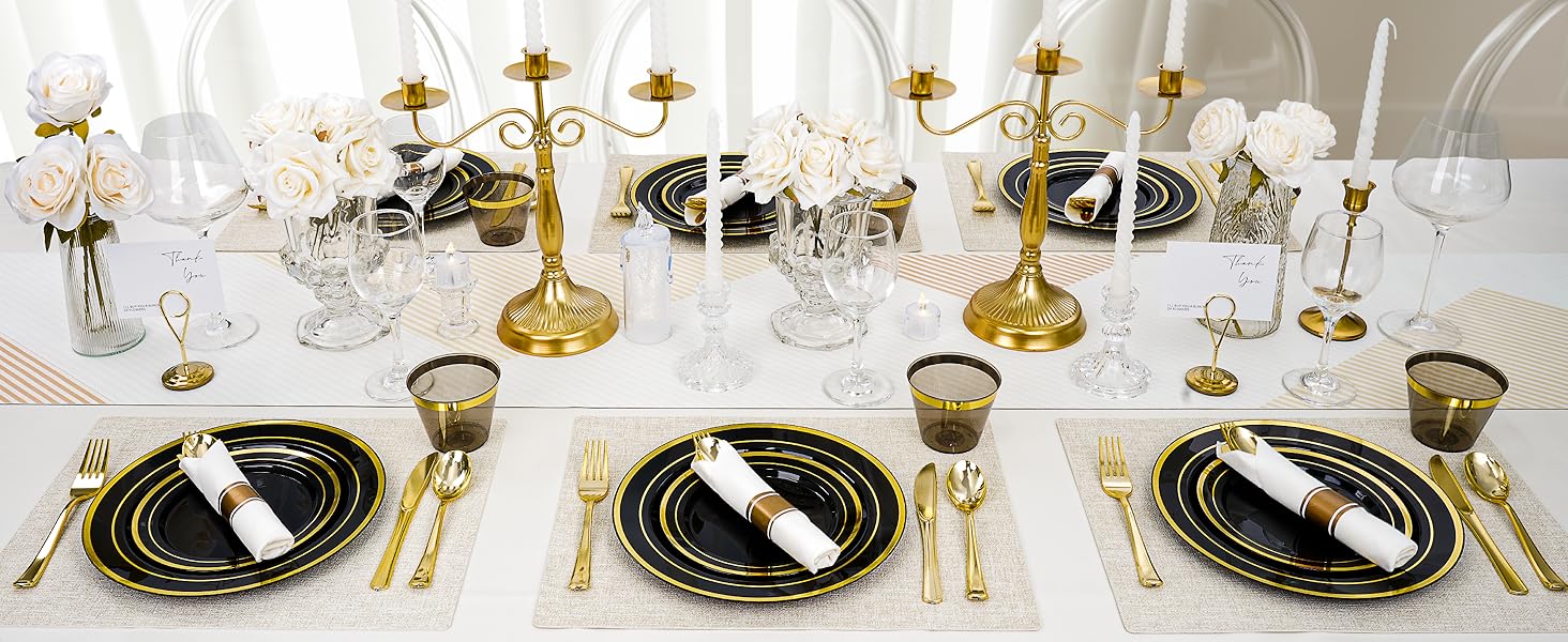 350 PCS Black Plastic Dinnerware Set for 50 Guests, 100 Disposable Plates for Party, 50 Pre Rolled Napkins with Gold Silverware, 50 Cups for Graduation
