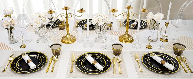 350 PCS Black Plastic Dinnerware Set for 50 Guests, 100 Disposable Plates for Party, 50 Pre Rolled Napkins with Gold Silverware, 50 Cups for Graduation