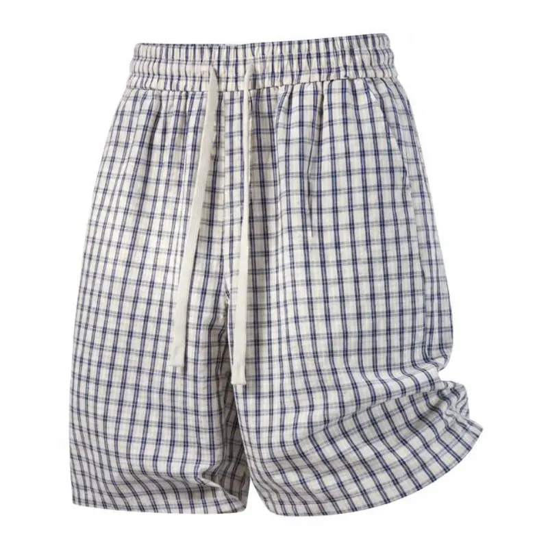 Men's Cotton Blend Elastic Waist Drawstring Knee-Length Plaid Athletic Shorts - Wide Leg, Loose-Fit, Side Hidden Pockets, Machine Washable, Sporty Chic, Baggy Jorts Style, Retro, Stylish Menswear Streetwear Bottoms For Indoor Loungewear, Beach Getaways
