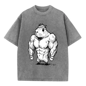 【Super T-Shirt】Summer washed vintage-style T-shirt, buff gym capybara graphic tee, muscular rodent print short-sleeve T-shirt, playful streetwear outfit, retro style, summer fashion, fitness street style, casual gym top, fun novelty fashion gift.