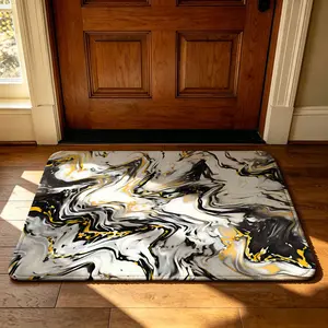 A rectangular black and white gold marble-patterned entryway floor mat with a soft, machine-washable design. It's suitable for use as a dirt-resistant mat at the entrance, in bedrooms, bathrooms, or next to beds, as a decorative floor mat in living