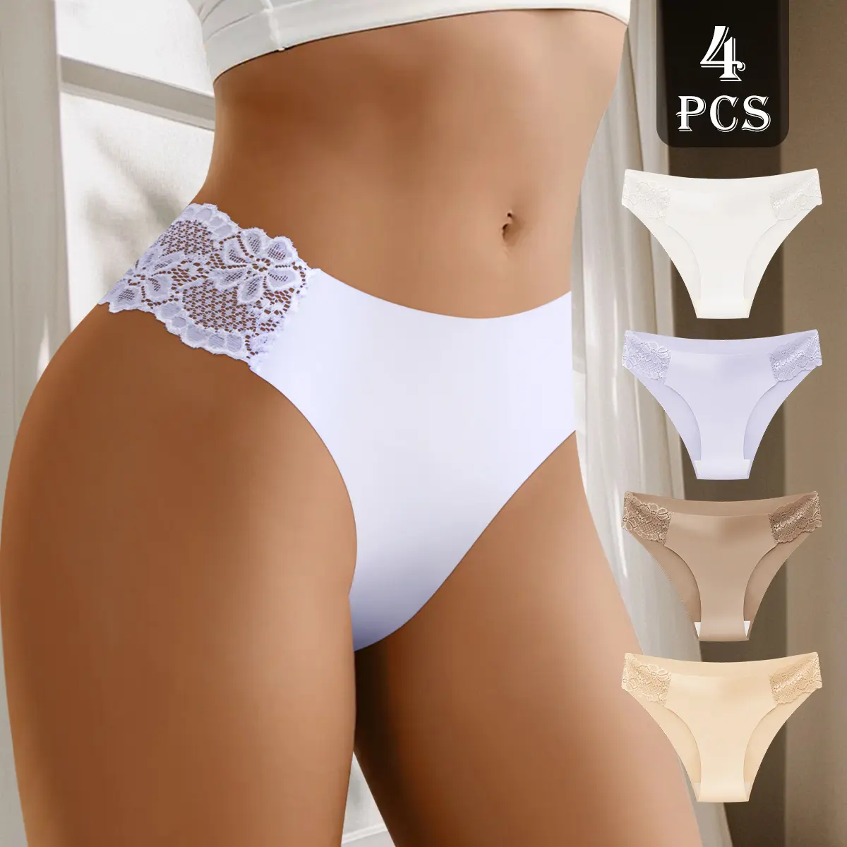 QUASTI 4-Pack Low-Rise Seamless Lace Patchwork Panties for Women, Soft Breathable Solid Color Daily & Beach Briefs, Skin-Friendly Smooth Fashion Underwear, S-XXL