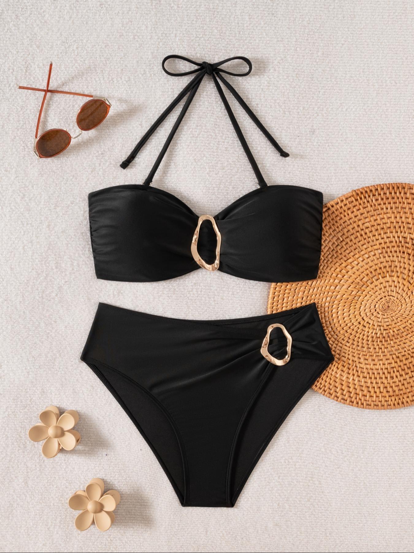 Two-Piece Set Women's Solid Metal Decor Bikini Set, Swimsuit Style Bikini, Sexy Fashion Chic Swimsuit for Beach Holiday Vacation, Ladies Summer Clothes