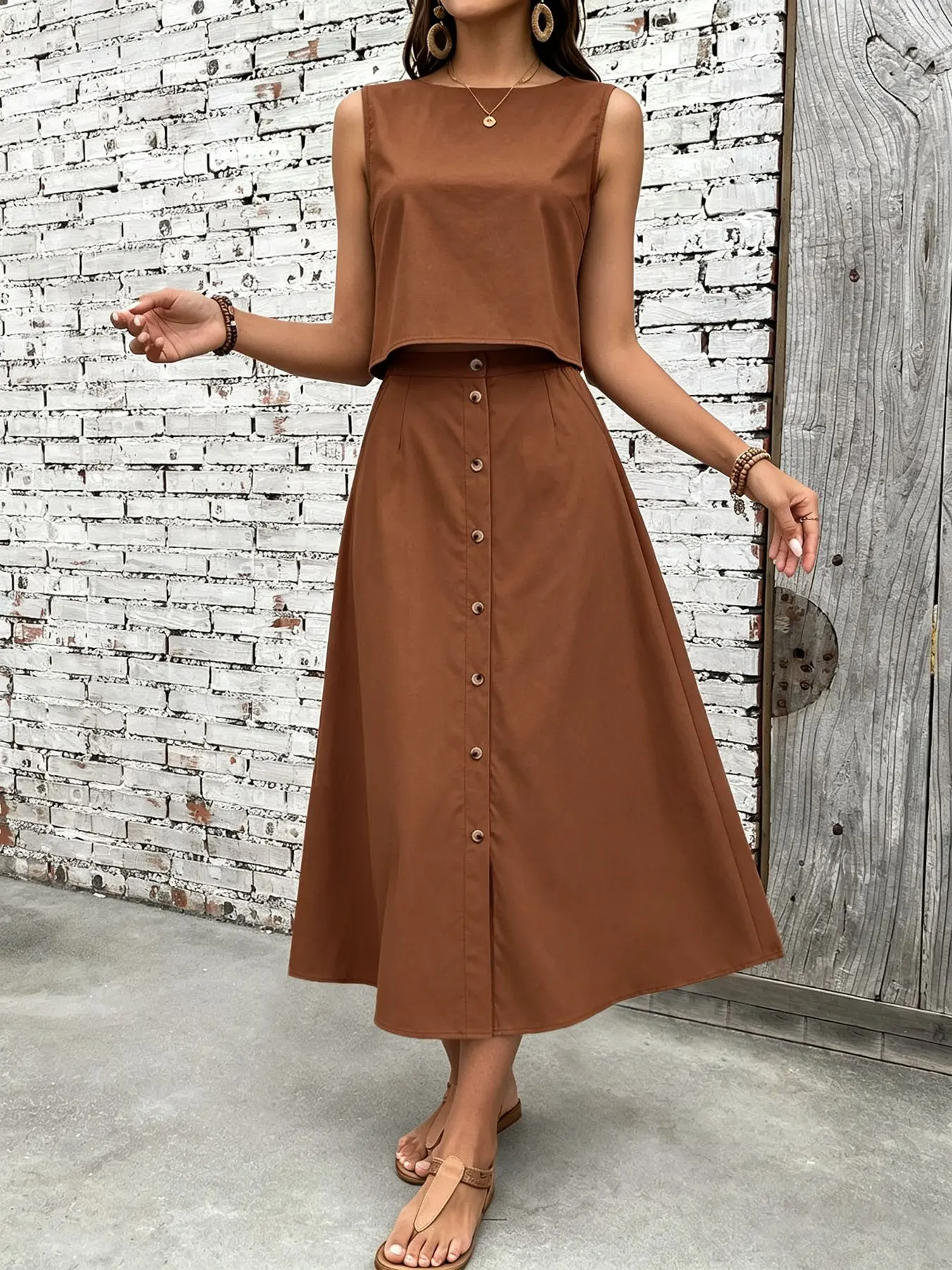 Chocolate Brown Crop Top and Skirt Set Women High Waist A Line Long Skirt with Front Buttons Side Pockets Casual Vacation Outfit