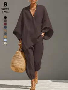 Women's Summer Thin Loose Fit Solid Deep V Neck Batwing Sleeve Pants Set, Casual Long Length 3/4 Sleeve, Comfortable Daily Wear, Multiple Colors