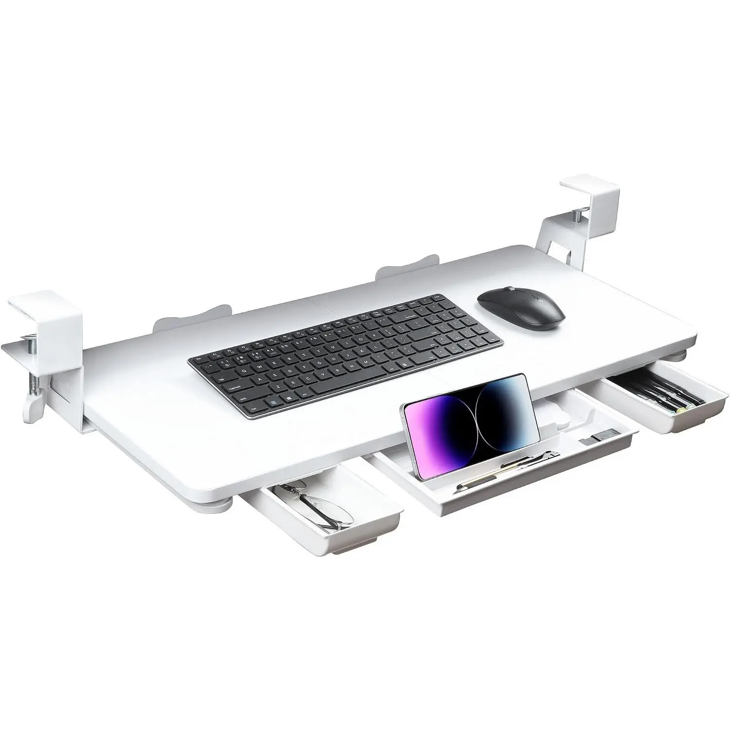 White Under Desk Keyboard Tray with Drawer, 26.77in x 11.81in Large Size, C-Clamp Mount, Easy-to-Install Home Office Organizer