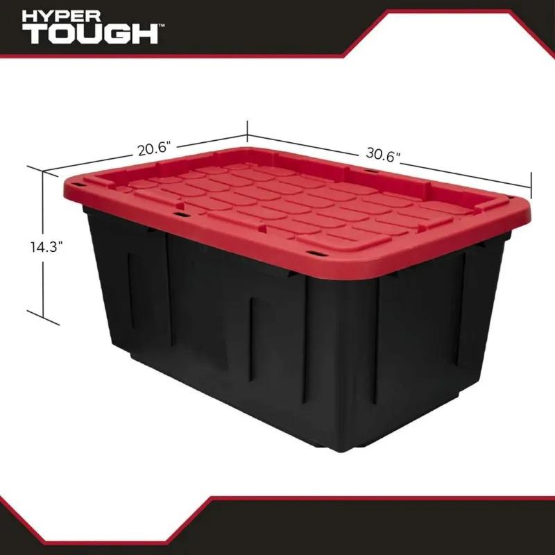 (6 pack) Hyper Tough Large Storage Bin, 27 Gallon Plastic Storage Container with Snap-On Lid, Black and Red