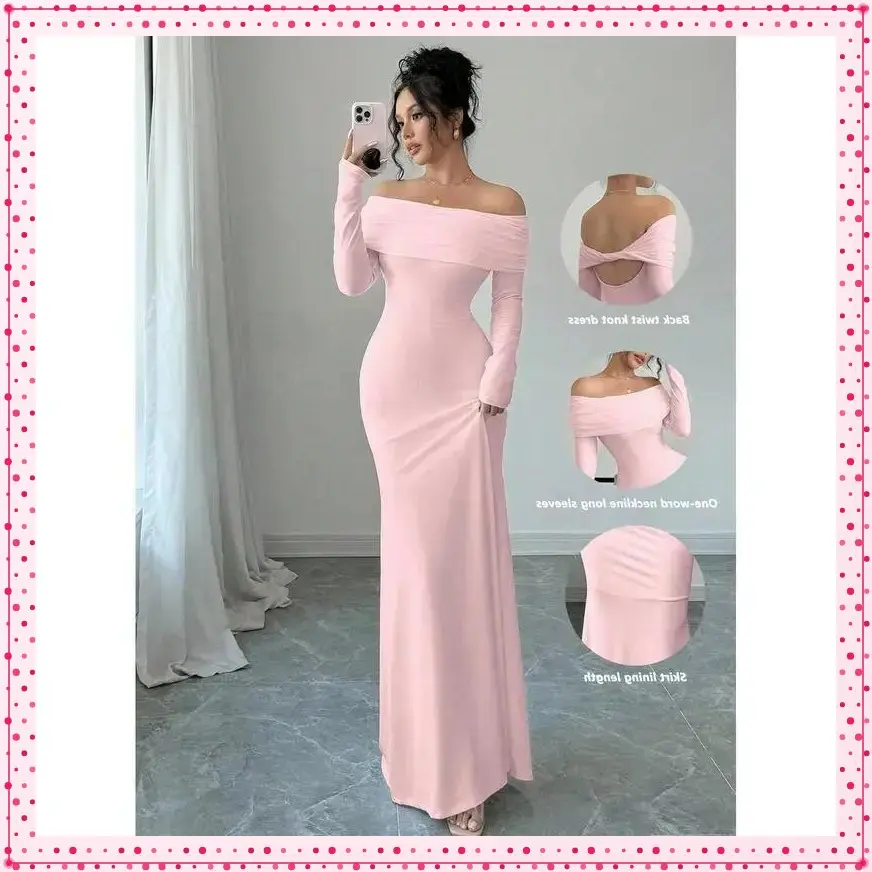 Elegant Fitted Long Sleeve Cinched Waist Double Layer Off-Shoulder Backless Twist Fishtail Hem Ribbed Knit Dress, White, Autumn/Winter Maxi Women Outfit Fabric Formal