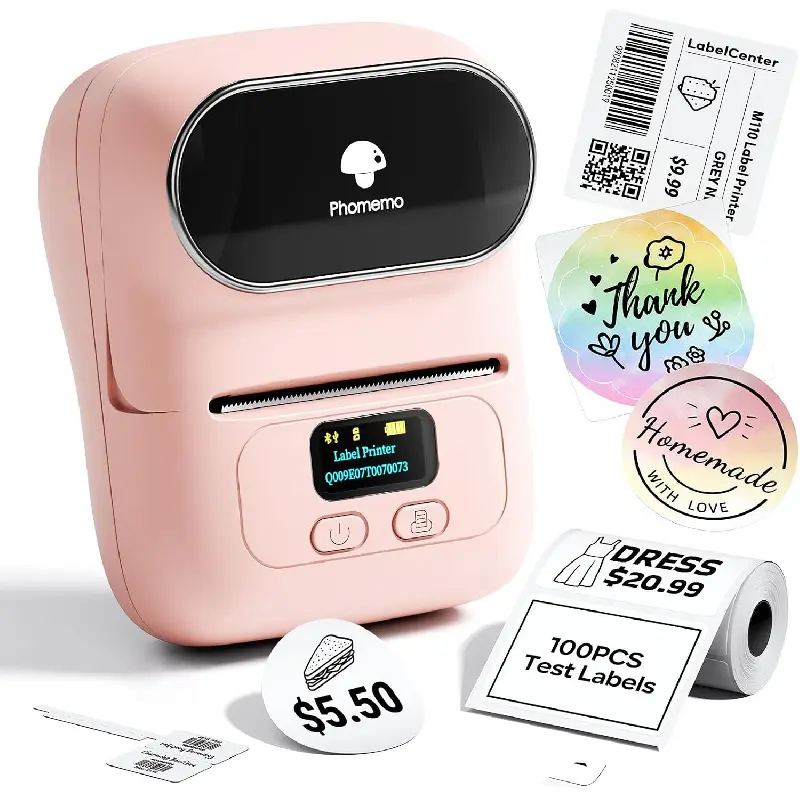 Phomemo M110 Label Printer, Portable Thermal Sticker Printer with Display| 2 Inch Pink Bluetooth Label Maker Easy to Use for Small Business, Home, School, Office, APP with 6000+ Templates