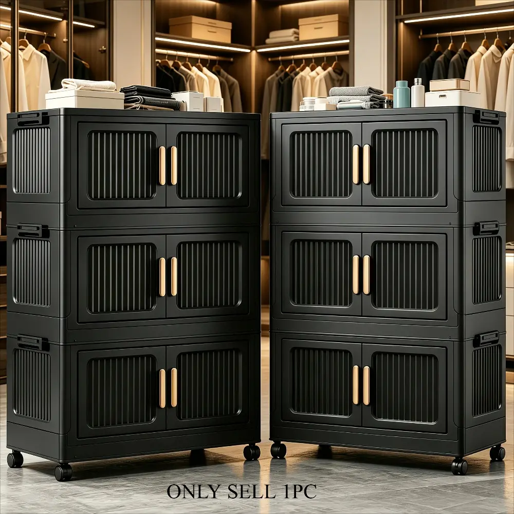 Stackable wardrobe storage cabinet, 3/4/5/6-tier black movable storage cabinet, portable foldable plastic wardrobe organizer, Foldable storage cabinets, suitable for storage in living rooms, offices, bedrooms and cloakrooms