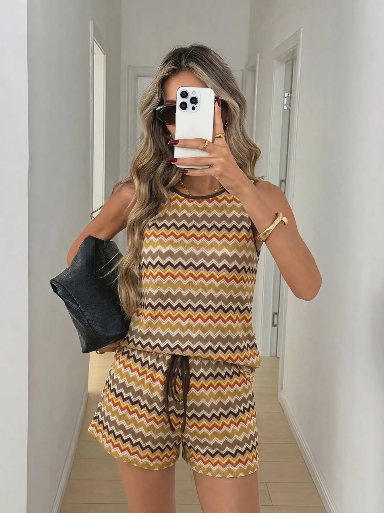 2pcs Women's Chevron Knit Set, Sleeveless Tank Top and Drawstring Shorts, Casual Summer, Fitted, All Seasons, Unlined
