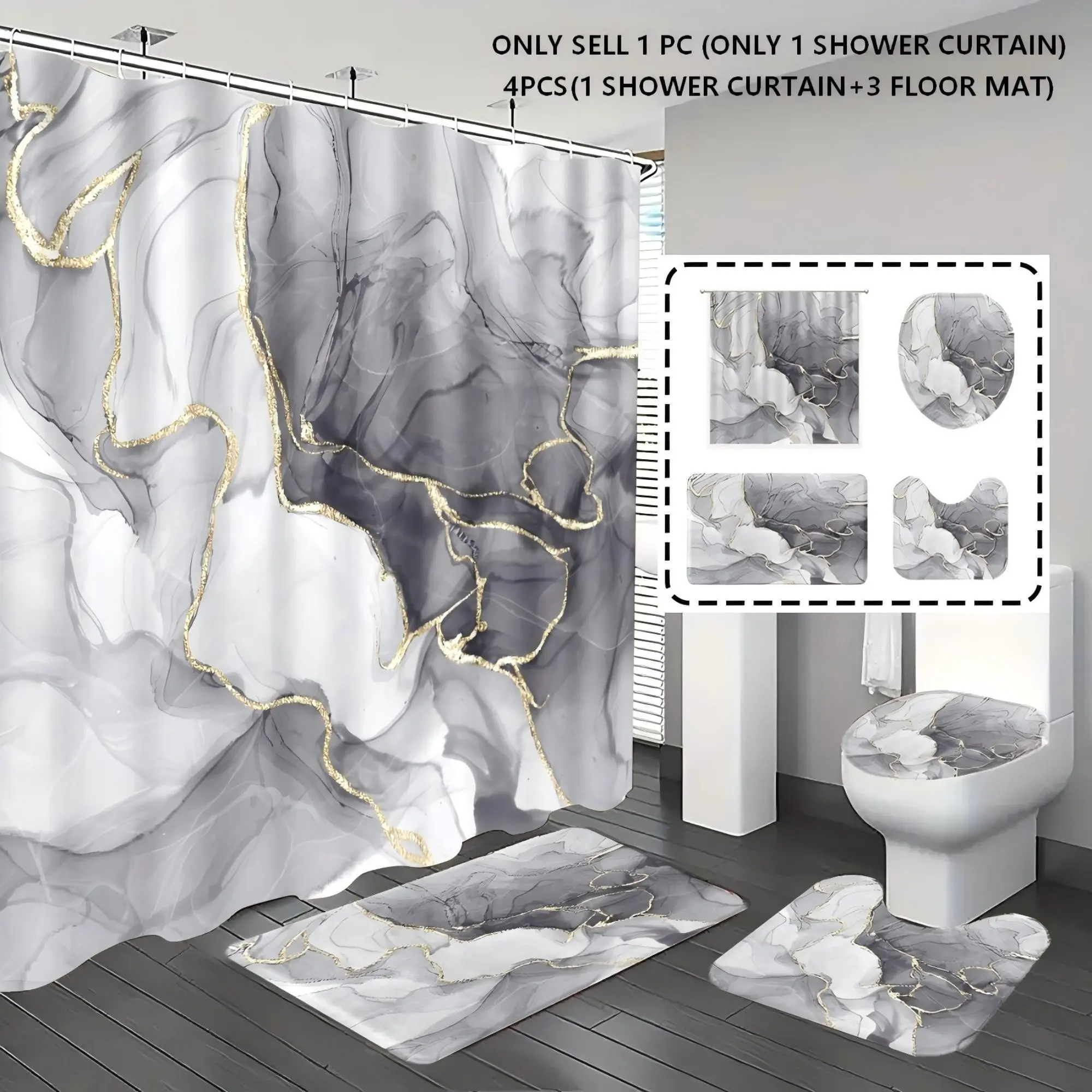 【Black Friday】1pc/4pcs, Bathroom Shower Curtain Set, Decorative Shower Curtain, Aesthetic Shower Curtain, Bathroom Decor, Bathroom Rug, Restroom Mat, Gray Marble Pattern, Modern Luxury Theme Decoration, with 12 Hooks