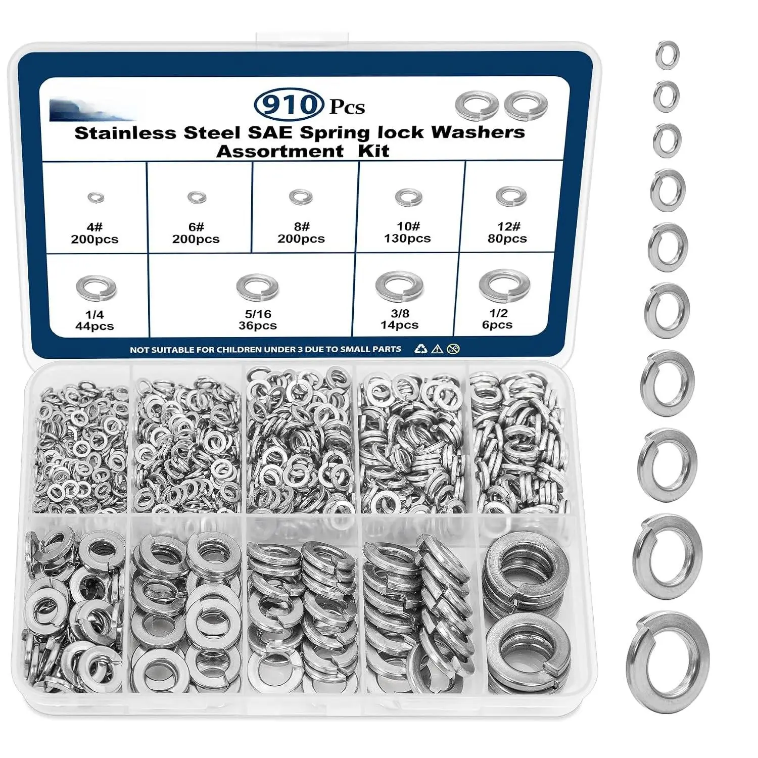 #4-1/2 Split Lock Washer  Kit 304 SS Spring Washers 910 count | #4#6#8#10#12 1/4" 5/16" 3/8" 1/2" SAE split washers set,  304 stainless steel locking washers for screws