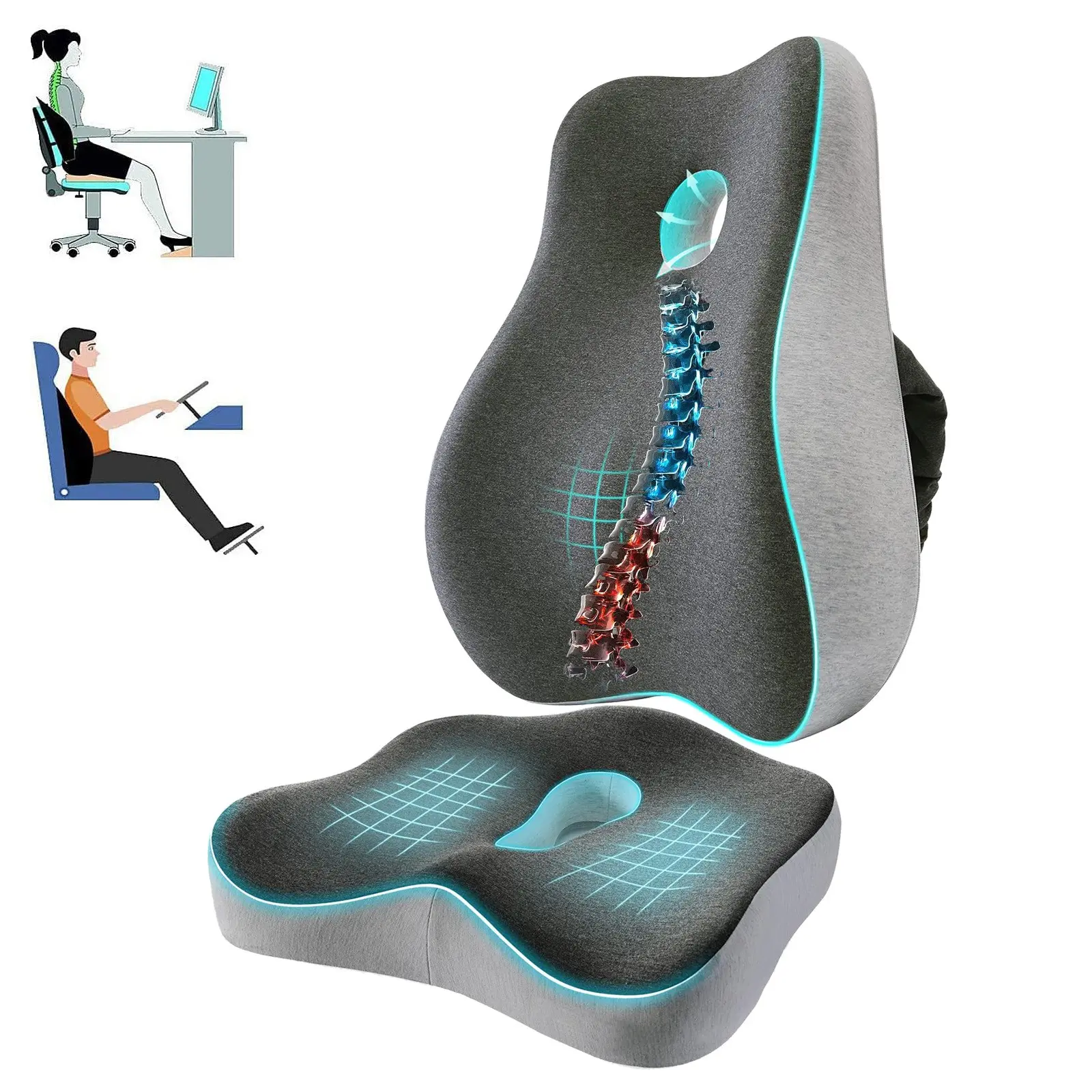 Lumbar pillows and cushions for office chairs and car seats, contoured for optimal comfort, with removable breathable covers to increase seat height, perfect for home, office, and car, Upholstered Seat Cushion