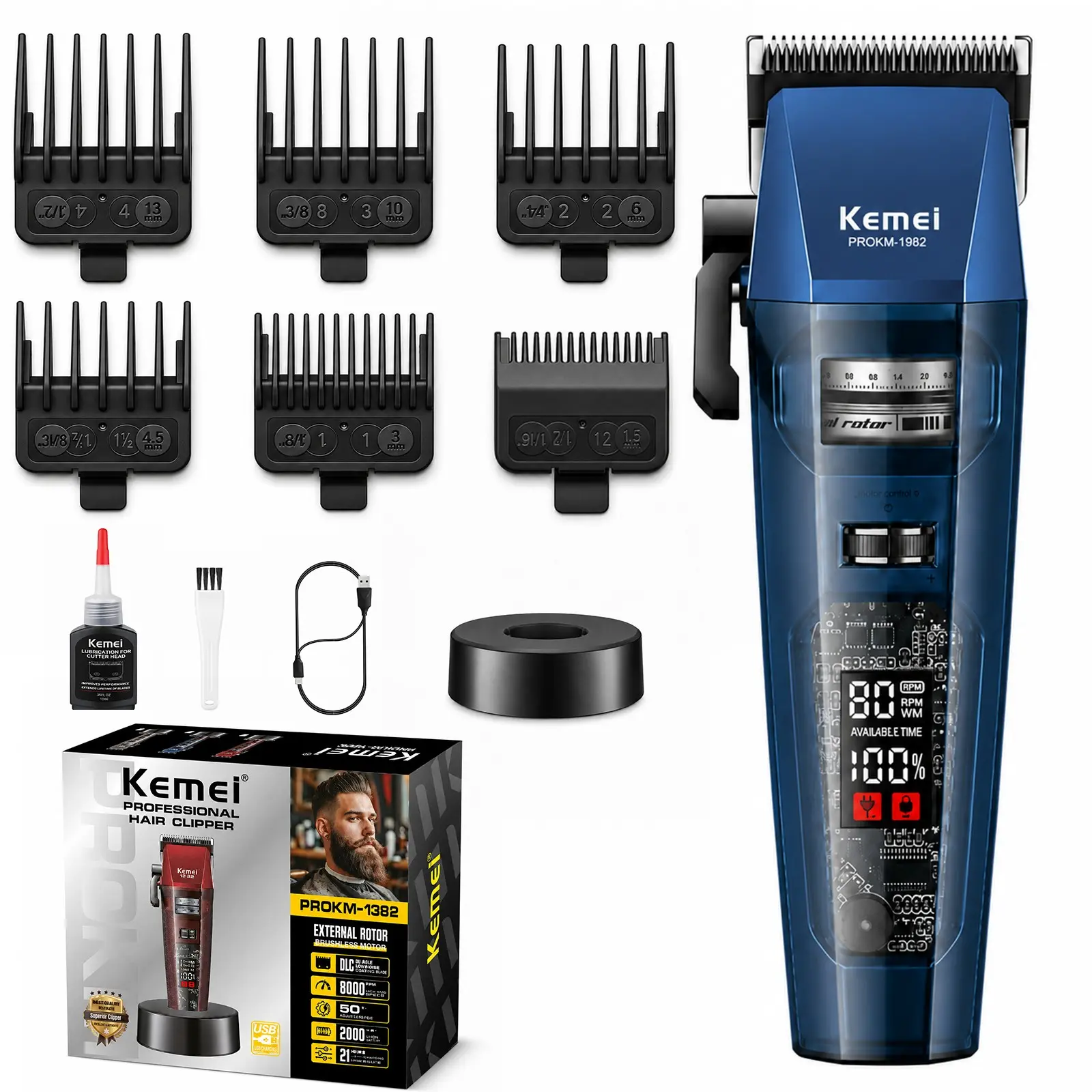 Kemei Km-1382 Brushless Hair Clipper, Wireless Adjustable Men's Trimmer, Cordless Base, Cordless Barber Clipper, Professional Electric Razor, Ceramic Dlc Blade, Gift Idea