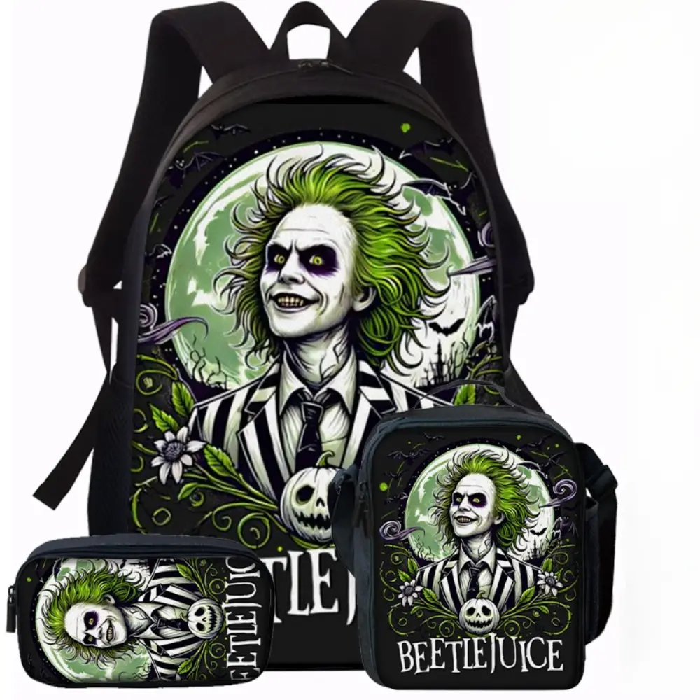 Durable Water Resistant 3-Piece Backpack Set, Backpack + Insulated Lunch Bag + Pencil Case, Beetlejuice Gothic Halloween Character Green Moon Print, Breathable Padded Straps Fits 15 Inch Laptop