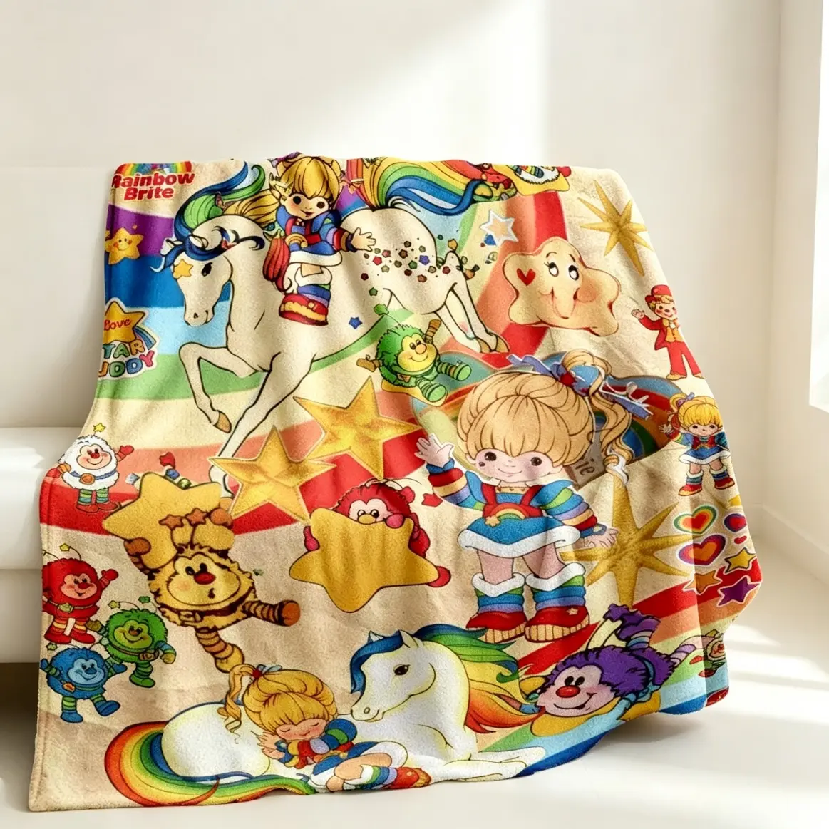 Rainbow Brite Inspired Flannel Fleece Blanket Star Buddy Print Super Soft Cozy Vibrant Rainbow Colors Throw Blanket For Sofa Bedding Couch Gifts Travel Home Decor Adult And Children Bedding Duvet Bed Sheets Comforter Set Cooling Blankets