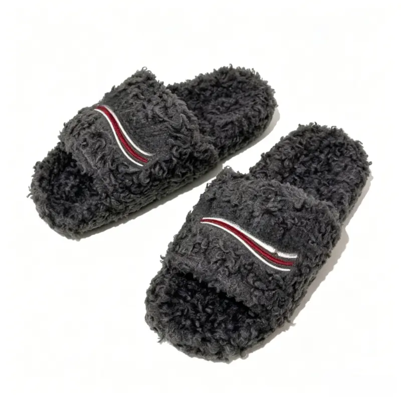 Stylish Fur Slides for Women-Men, Gray Fuzzy Plush Open-Toe Footwear, Soft Embroidered Rubber-Soled Casual Indoor-Outdoor Shoes, Shoe